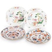 A PAIR OF CHINESE FAMILLE ROSE PLATES, 18TH CENTURY; AND TWO CHINESE IMARI PLATES, 18TH CENTURY