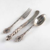 A VICTORIAN SILVER THREE-PIECE KNIFE, FORK AND SPOON SET