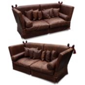 A PAIR OF ITALIAN BROWN LEATHER DROP-END SOFAS