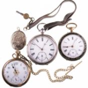 THREE POCKET WATCHES AND AN OVAL LOCKET
