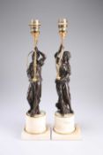 A PAIR OF 19TH CENTURY FRENCH BRONZE AND MARBLE FIGURAL TABLE LAMPS