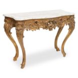 A FRENCH MARBLE-TOPPED GILTWOOD CONSOLE TABLE IN LOUIS XV STYLE, 19TH CENTURY