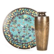 A JAPANESE CLOISONNE DISH AND A JAPANESE INLAID BRONZE VASE
