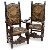 A PAIR OF LARGE 19TH CENTURY BEECH AND LEATHER ARMCHAIRS IN SWEDISH BAROQUE STYLE