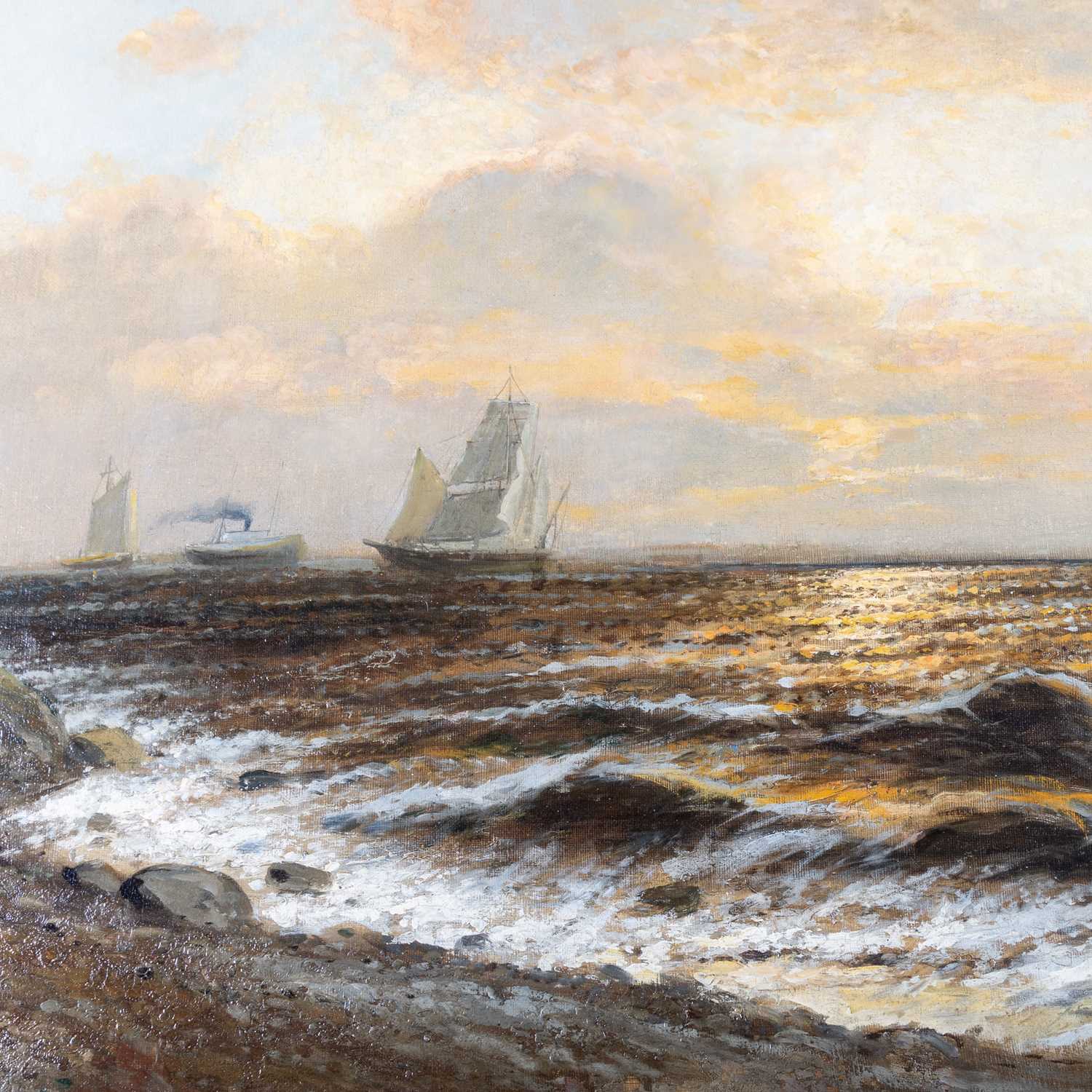 R RESSULLAY? (LATE 19TH CENTURY) SHIPS AND A STEAMER OFF THE COAST AT SUNSET - Image 3 of 5