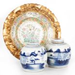 A PAIR OF CHINESE BLUE AND WHITE PORCELAIN GINGER JARS AND COVERS; AND A CANTONESE FAMILLE ROSE DISH