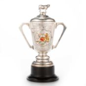 A GEORGE V SILVER AND ENAMEL TWO-HANDLED TROPHY CUP