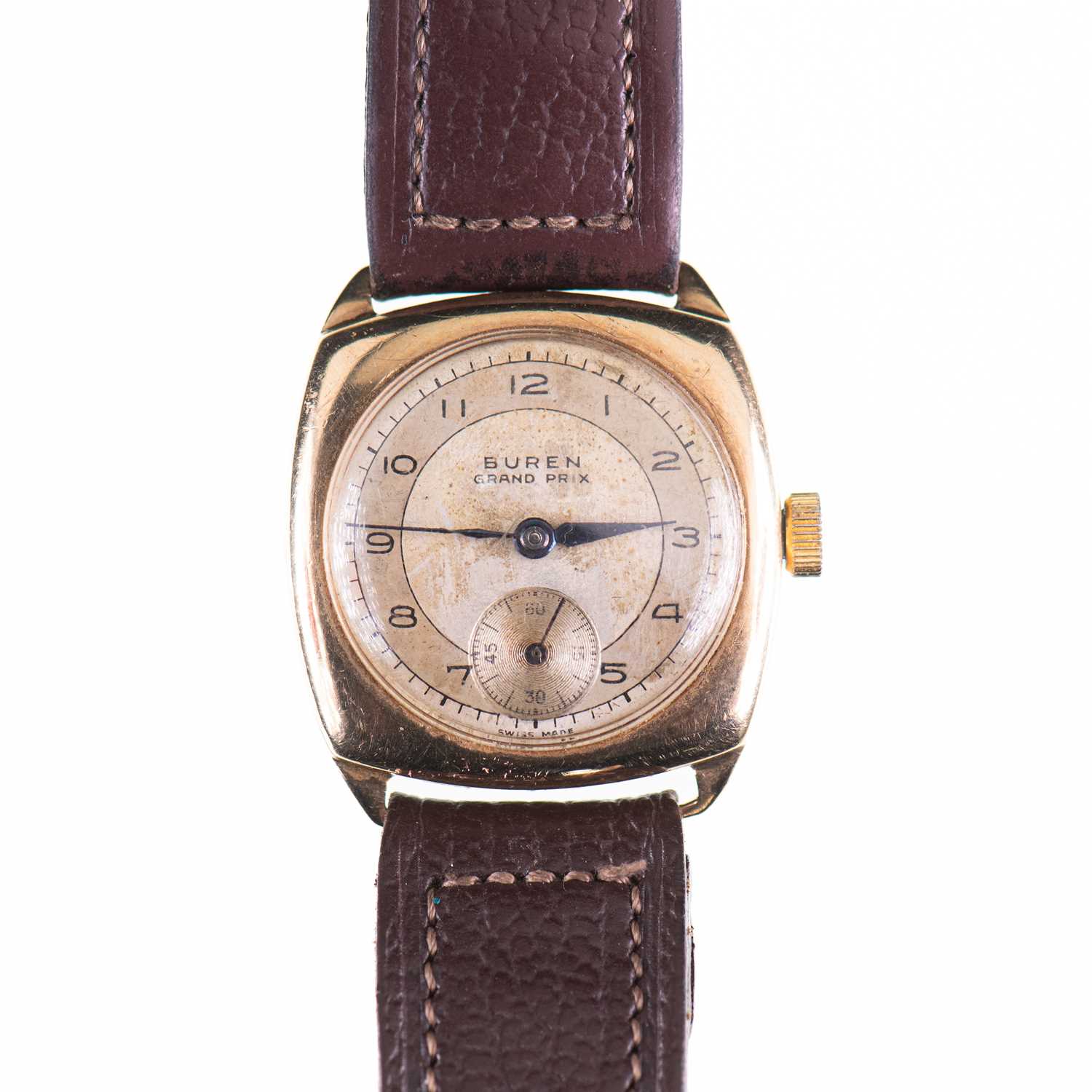 A 9CT GOLD BUREN STRAP WATCH