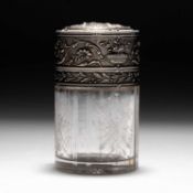 A LARGE FRENCH SILVER MOUNTED GLASS SCENT BOTTLE