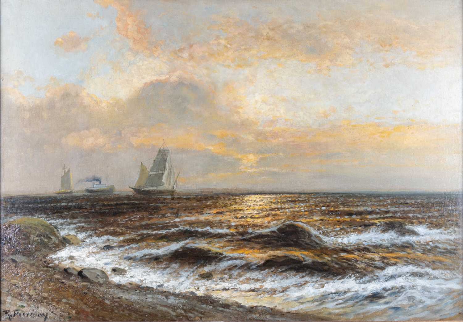 R RESSULLAY? (LATE 19TH CENTURY) SHIPS AND A STEAMER OFF THE COAST AT SUNSET