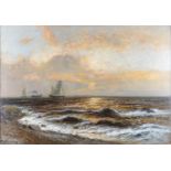 R RESSULLAY? (LATE 19TH CENTURY) SHIPS AND A STEAMER OFF THE COAST AT SUNSET