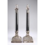 A HANDSOME PAIR OF SILVER-PLATE MOUNTED BLACK MARBLE TABLE LAMPS