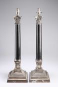 A HANDSOME PAIR OF SILVER-PLATE MOUNTED BLACK MARBLE TABLE LAMPS