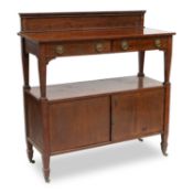 A SHERATON REVIVAL SATINWOOD BANDED MAHOGANY BUFFET, LABEL OF WILLIAM WALLACE & CO