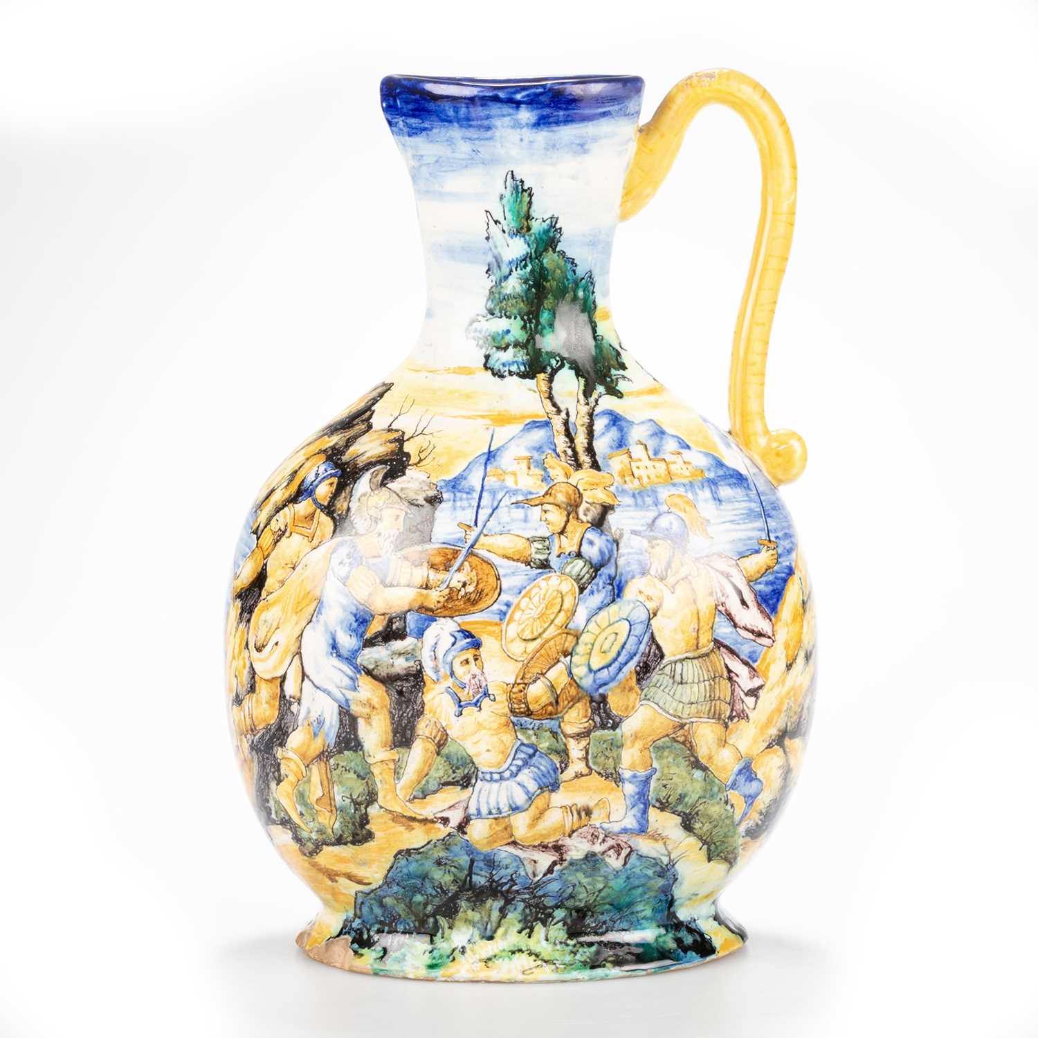 AN ITALIAN MAIOLICA ISTORIATO EWER, PROBABLY CANTAGALLI, 19TH CENTURY