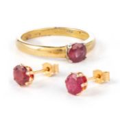 AN 18 CARAT GOLD SOLITAIRE RUBY RING AND A PAIR OF SOLITAIRE RUBY EARRINGS