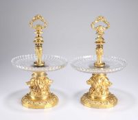 A PAIR OF 19TH CENTURY FRENCH ORMOLU AND GLASS TAZZAS