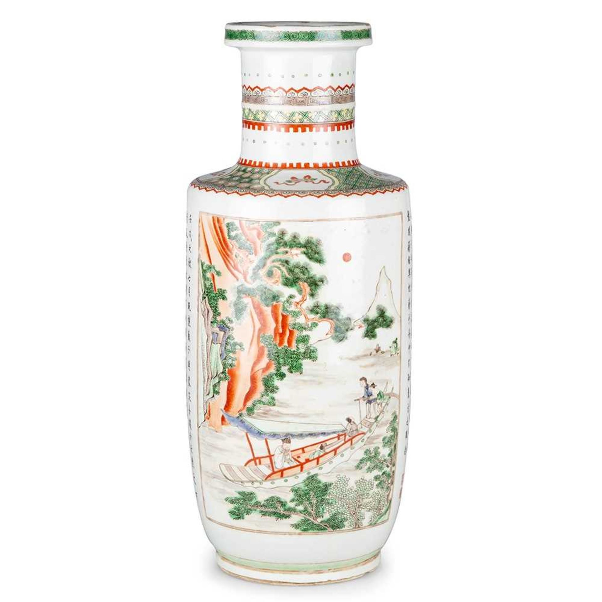 A CHINESE 'ODE TO THE RED CLIFF' FAMILLE VERTE ROULEAU VASE