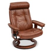 IN THE STYLE OF EKORNES, A TAN LEATHER 'STRESSLESS' RECLINER SWIVEL CHAIR