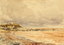 THOMAS COLLIER (1840-1891) BEACH SCENE WITH COTTAGE AND FISHING BOATS