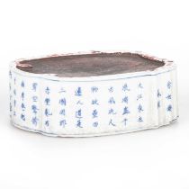 A CHINESE INSCRIBED BLUE AND WHITE PORCELAIN INKSTONE