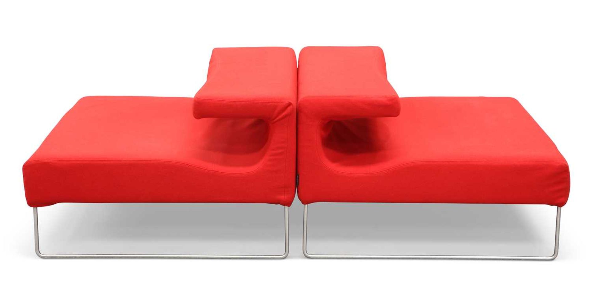A PAIR OF MOROSO RED UPHOLSTERED LOW SEATS - Image 2 of 2