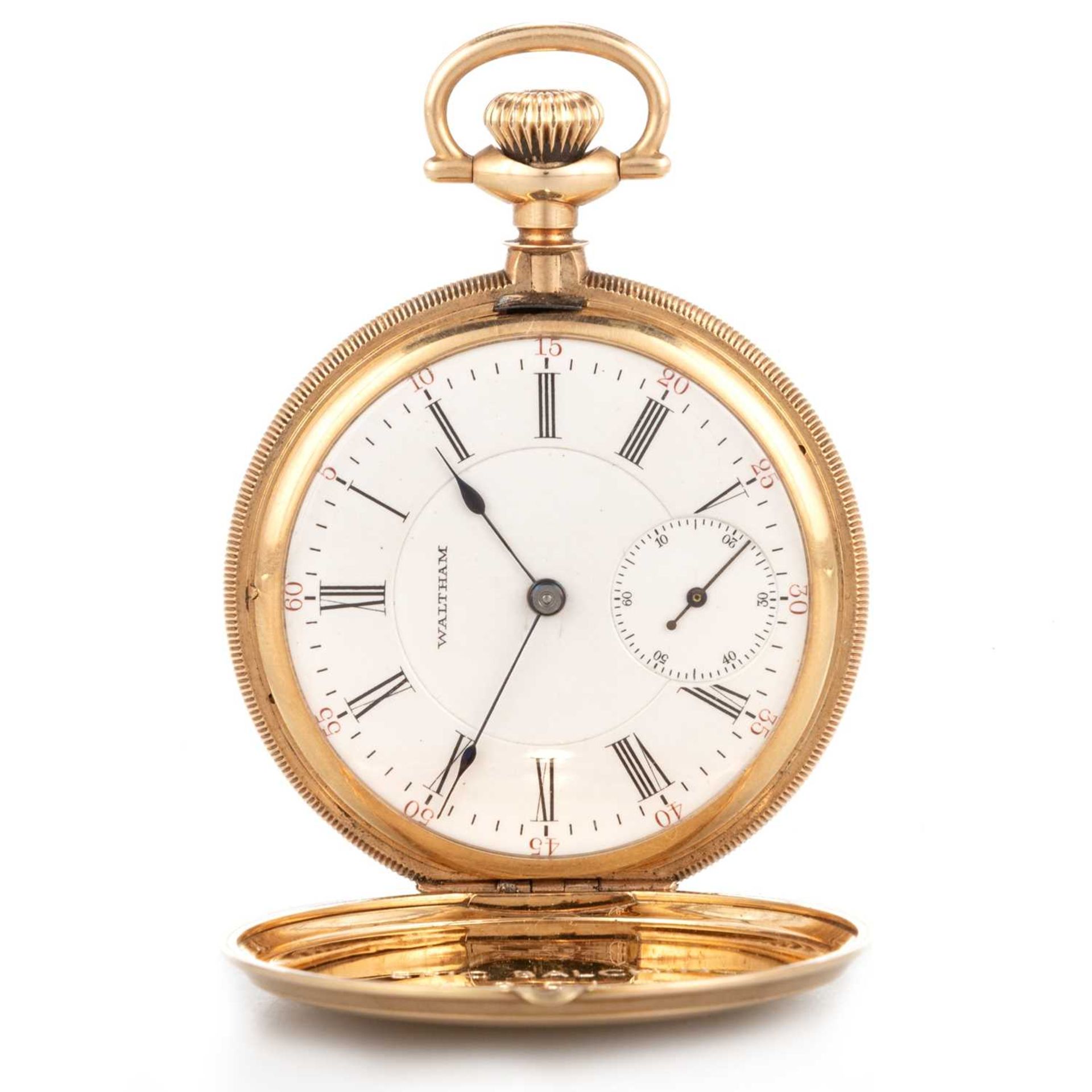 A WALTHAM 14K GOLD KEYLESS FULL HUNTER POCKET WATCH