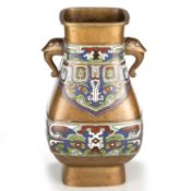 A LARGE CHINESE CLOISONNÉ ENAMEL AND BRONZE VASE, HU