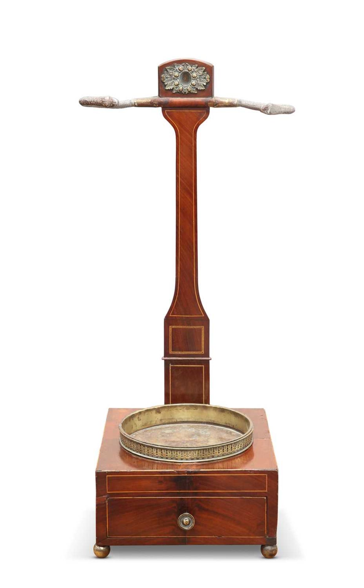 A 19TH CENTURY INLAID MAHOGANY CHURCH PIPE STAND