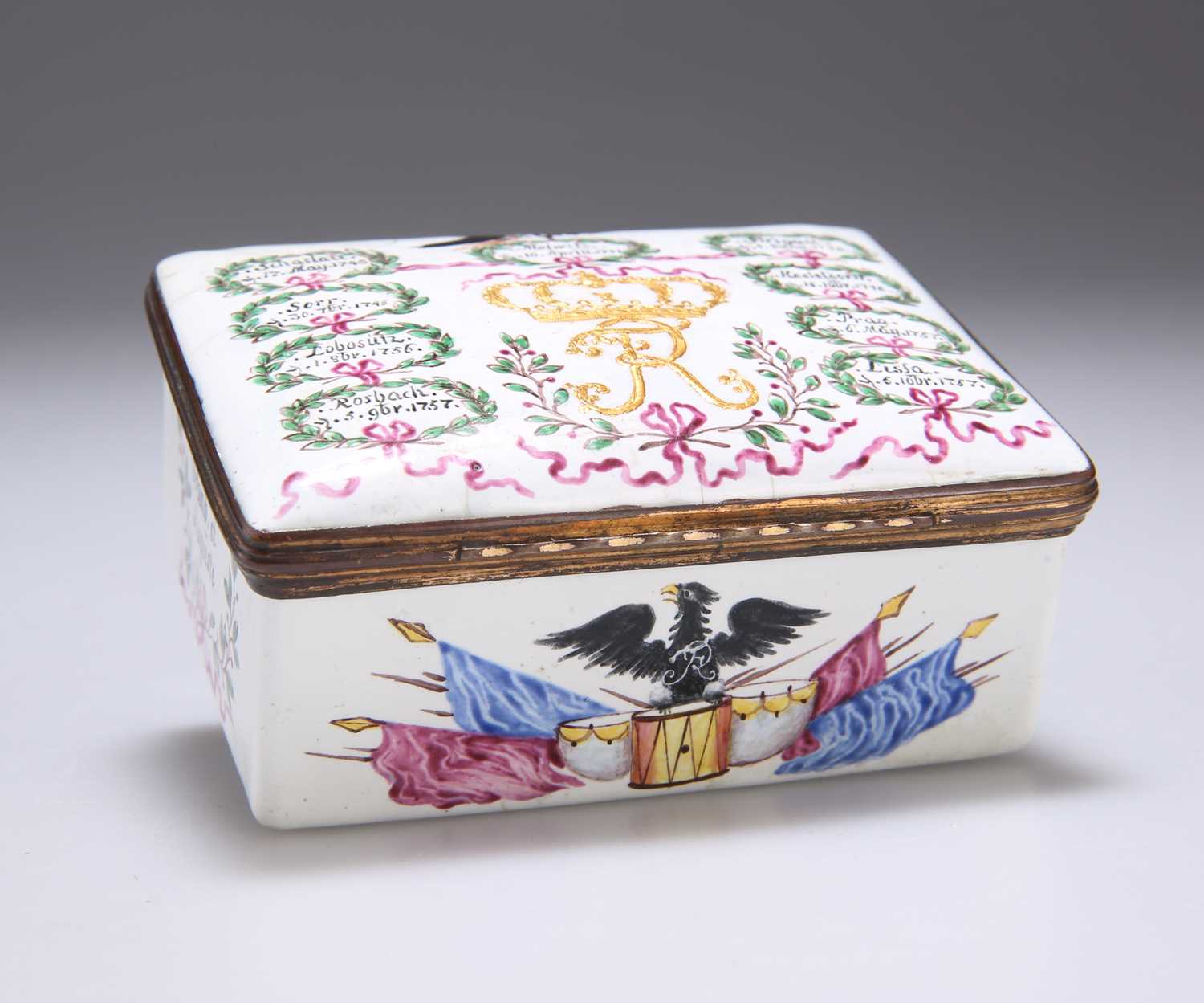 A GERMAN ENAMEL SNUFF BOX, FREDERICK THE GREAT, CIRCA 1760