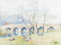 DM & EM ALDERSON (1900-1992) SHEEP GRAZING BY A STONE BRIDGE
