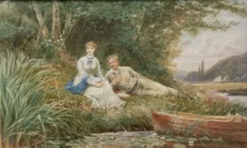 EBENEZER WAKE COOK (1843-1926) COUPLE SEATED ON THE RIVER BANK