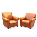 TWO BROWN LEATHER UPHOLSTERED ARMCHAIRS