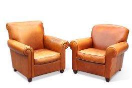 TWO BROWN LEATHER UPHOLSTERED ARMCHAIRS