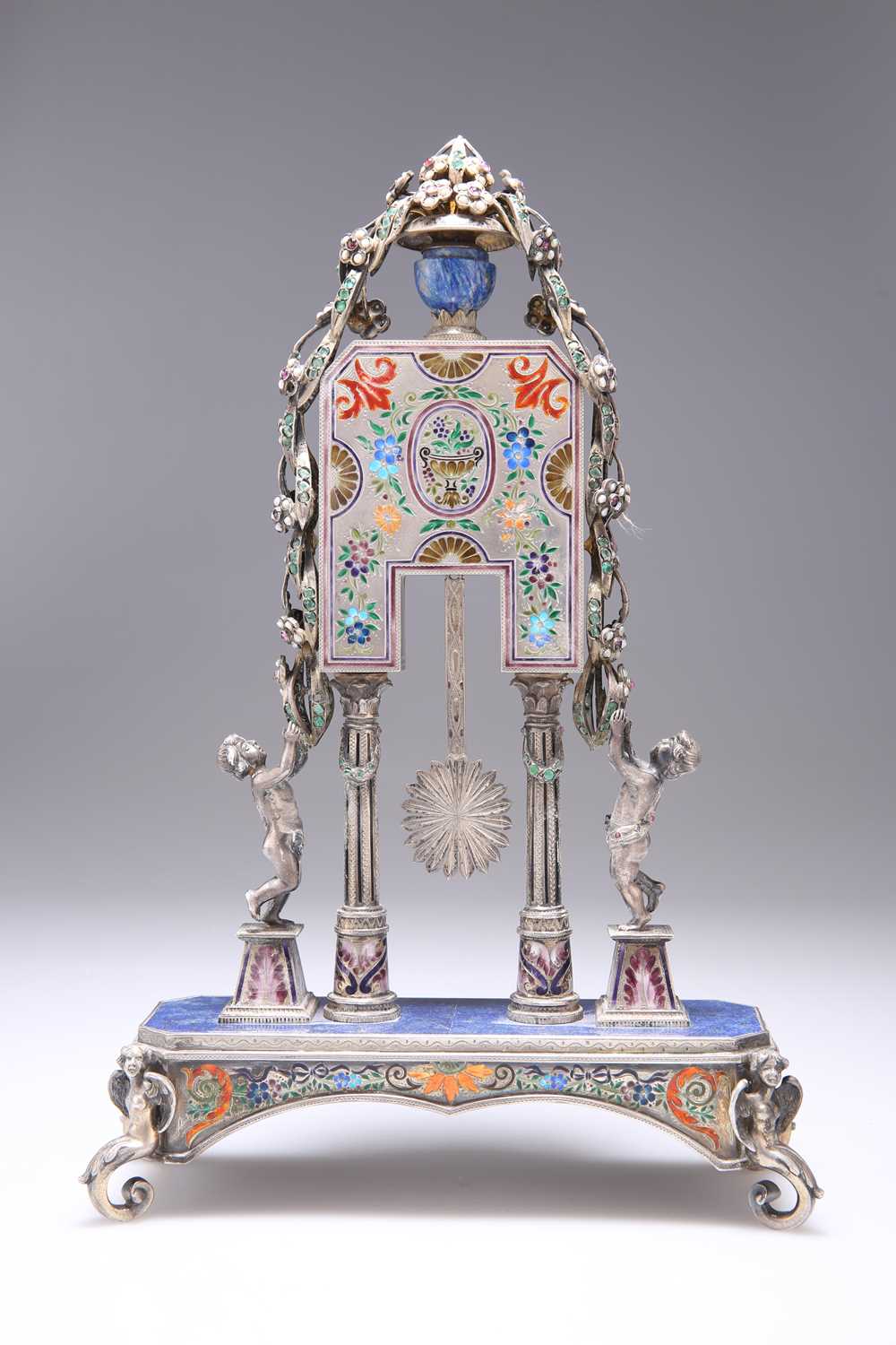 A FINE VIENNESE ENAMEL, LAPIS, SILVER AND GEM-SET MANTEL CLOCK, CIRCA 1880 - Image 2 of 4