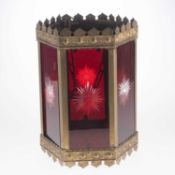 A VICTORIAN BRASS AND RUBY GLASS HALL LANTERN