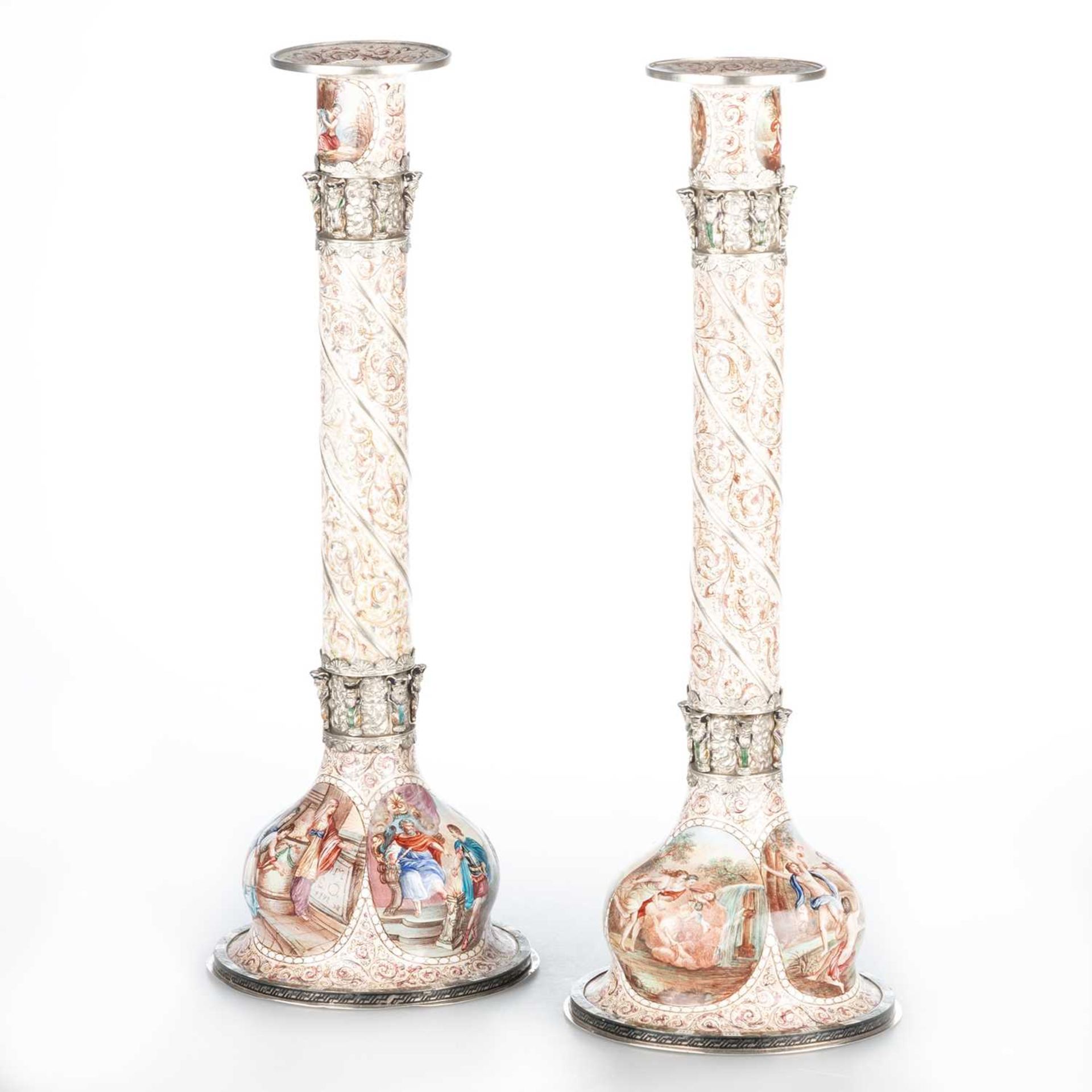 A FINE PAIR OF AUSTRIAN SILVER AND ENAMEL CANDLESTICKS - Image 2 of 3