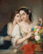 19TH CENTURY EUROPEAN SCHOOL TWO YOUNG LADIES ARRANGING FLOWERS