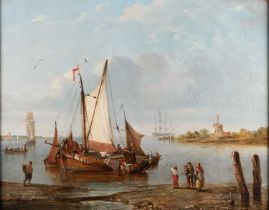 ROBERT BRIDGEHOUSE (BRITISH, 19TH CENTURY) ON THE COAST, UNLOADING THE BARGE