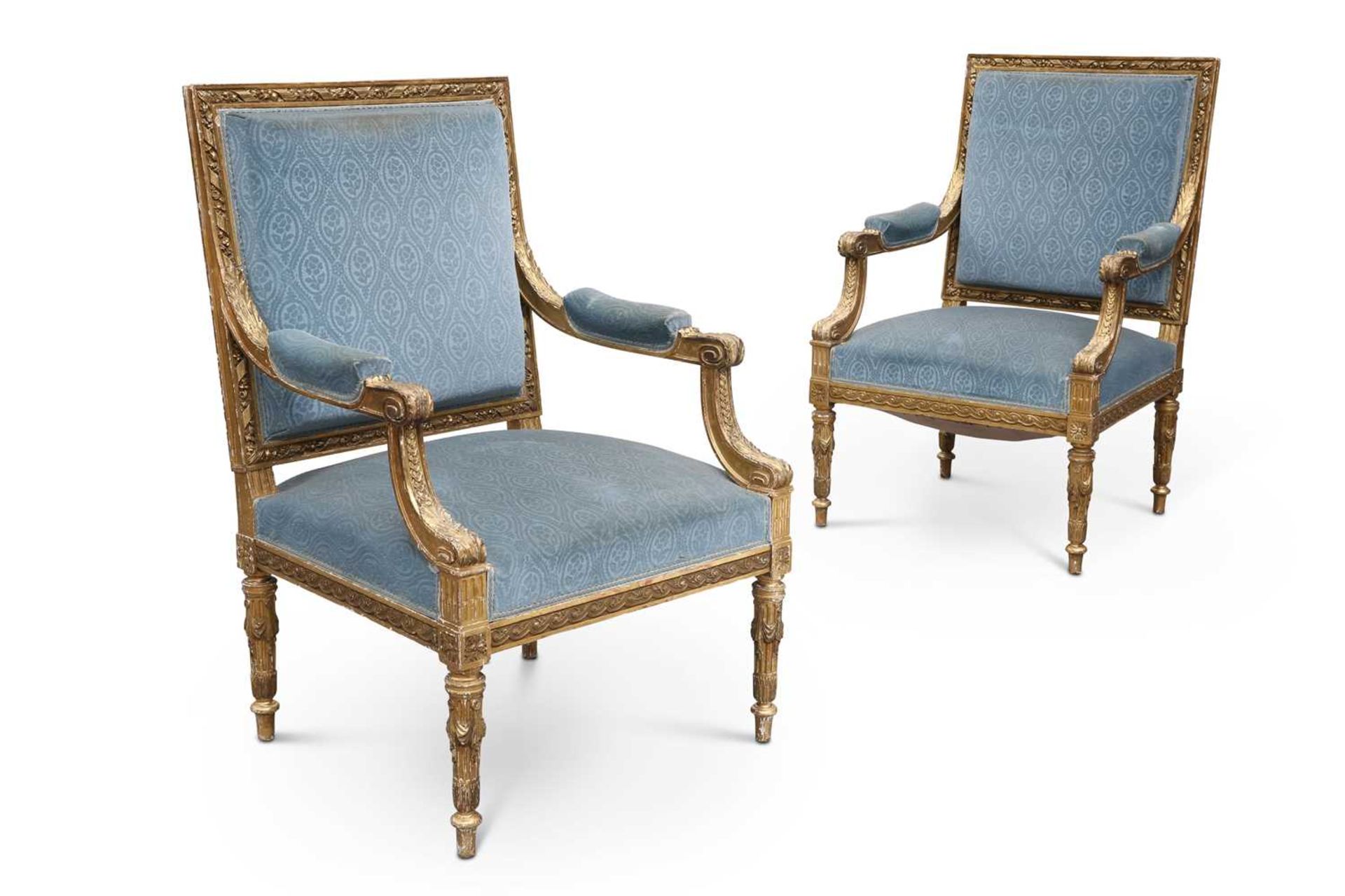 A PAIR OF LOUIS XVI STYLE GILTWOOD FAUTEUILS, DIENST, PARIS, 19TH CENTURY