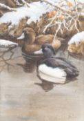 NEIL COX (BORN 1955) DUCKS ON A RIVER AT WINTER TIME