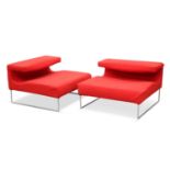 A PAIR OF MOROSO RED UPHOLSTERED LOW SEATS