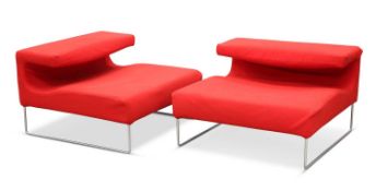 A PAIR OF MOROSO RED UPHOLSTERED LOW SEATS