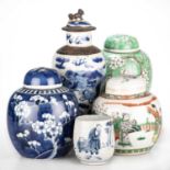 THREE CHINESE PORCELAIN GINGER JARS; A 19TH CENTURY CHINESE VASE AND COVER; AND A BEAKER