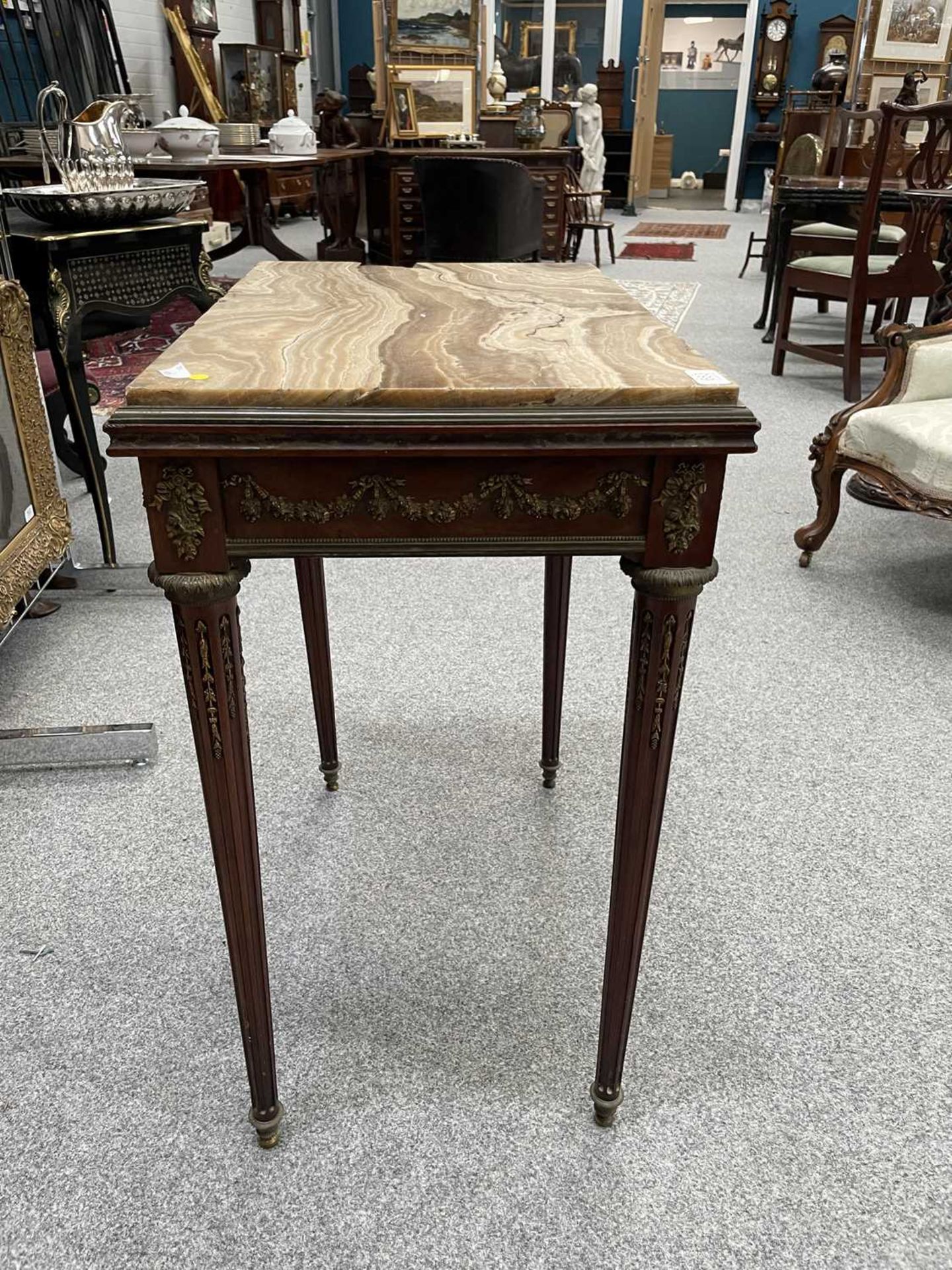 A LOUIS XVI STYLE MARBLE-TOPPED, GILT-METAL MOUNTED MAHOGANY SIDE TABLE - Image 12 of 12