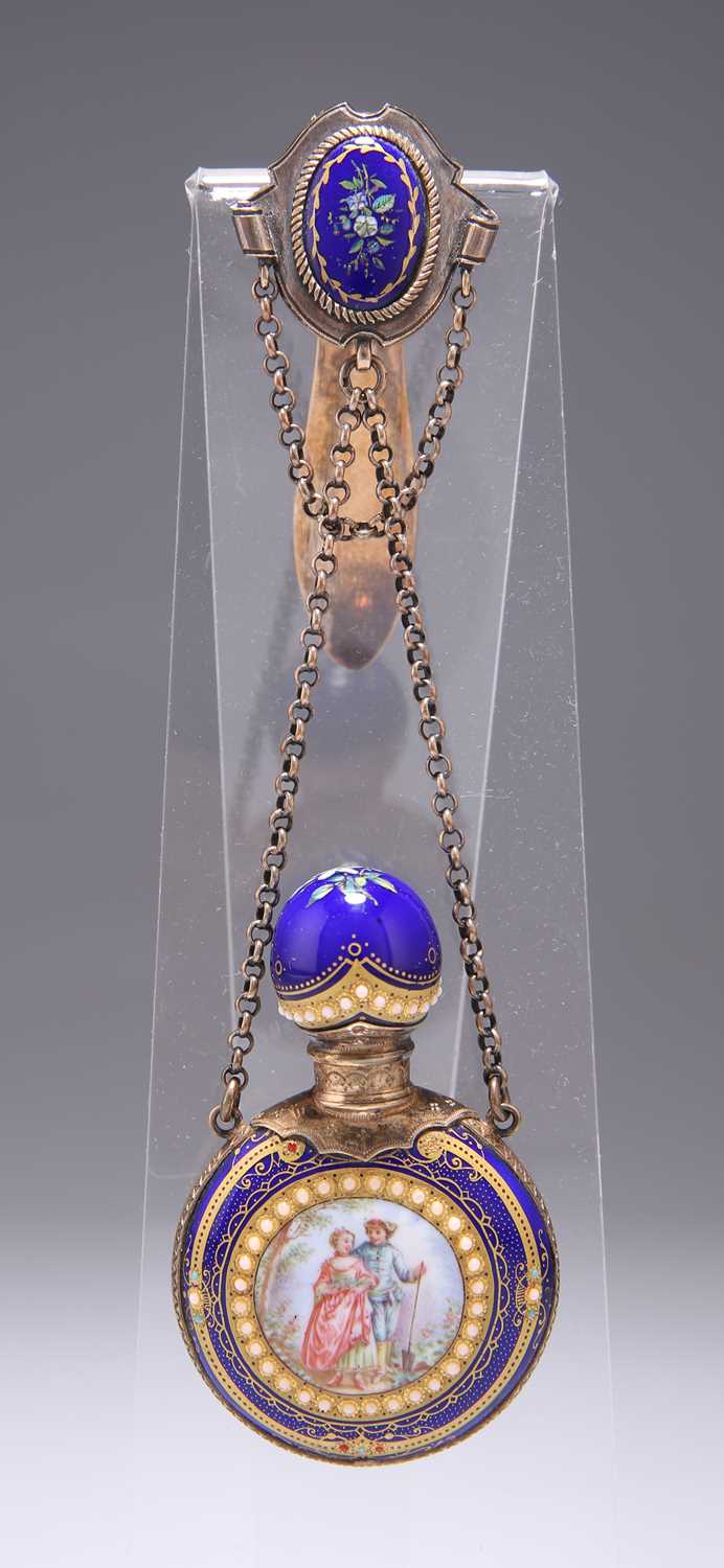 A FRENCH SILVER AND ENAMEL SCENT BOTTLE, MID-19TH CENTURY