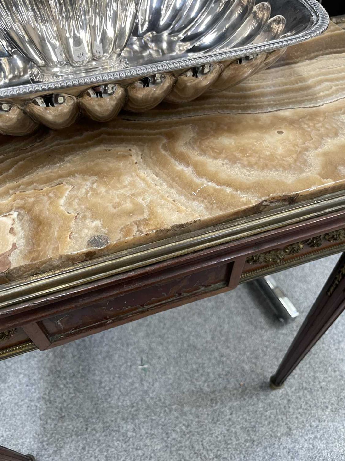 A LOUIS XVI STYLE MARBLE-TOPPED, GILT-METAL MOUNTED MAHOGANY SIDE TABLE - Image 6 of 12