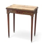 A LOUIS XVI STYLE MARBLE-TOPPED, GILT-METAL MOUNTED MAHOGANY SIDE TABLE