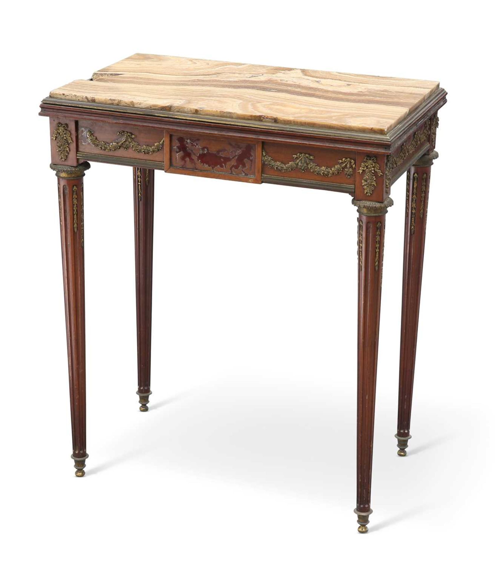 A LOUIS XVI STYLE MARBLE-TOPPED, GILT-METAL MOUNTED MAHOGANY SIDE TABLE