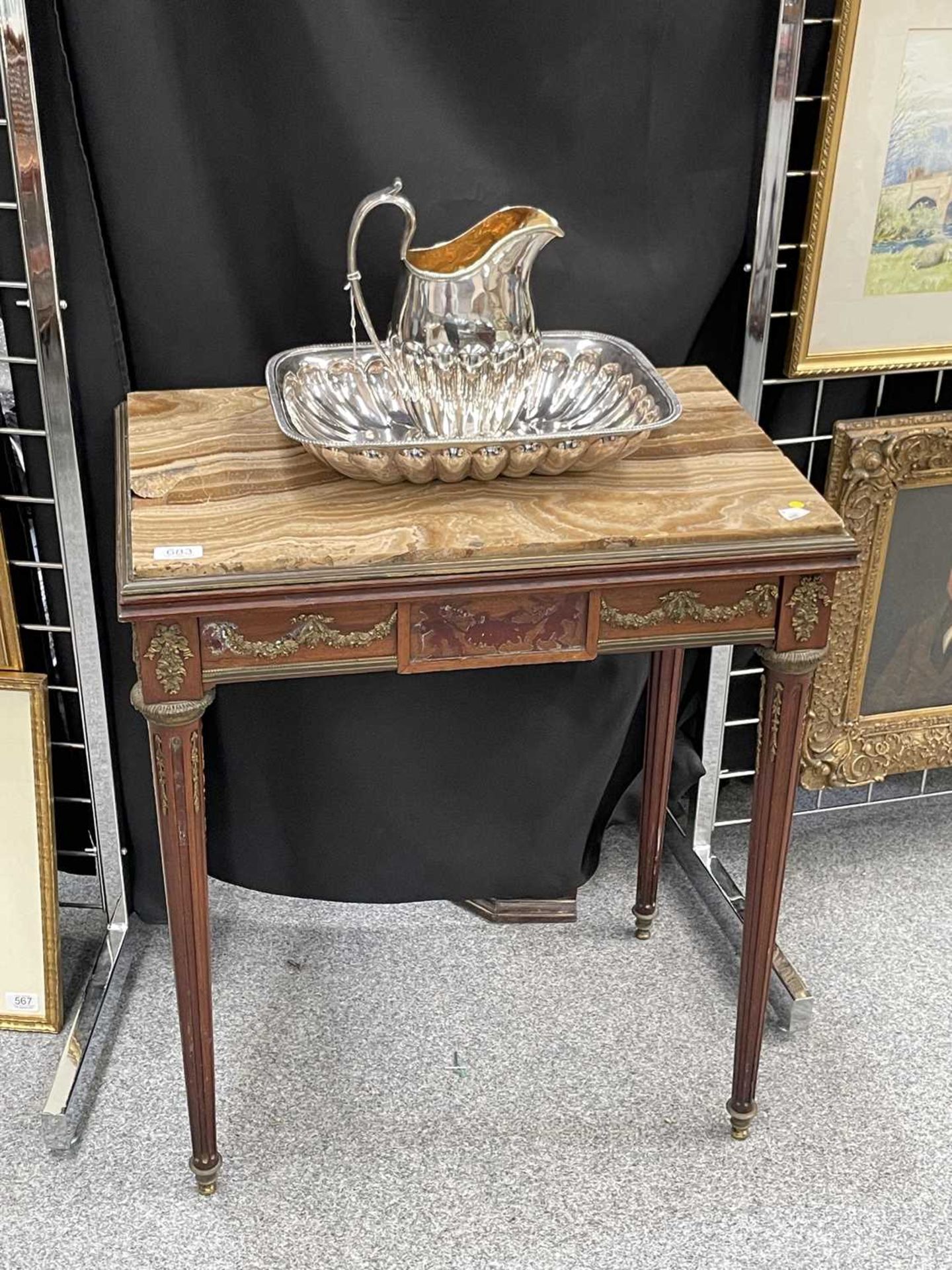 A LOUIS XVI STYLE MARBLE-TOPPED, GILT-METAL MOUNTED MAHOGANY SIDE TABLE - Image 3 of 12